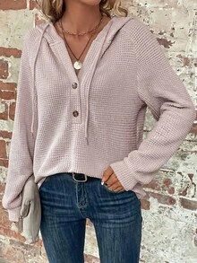 SHEIN LUNE Half Button Raglan Sleeve Drawstring Hoodie,Long Sleeve Tops Graduation,Back To School Outfits,Teacher Outfits For Women,In Autumn/ Travel Pink Casual - Light Grey - View 4