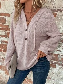 SHEIN LUNE Half Button Raglan Sleeve Drawstring Hoodie,Long Sleeve Tops Graduation,Back To School Outfits,Teacher Outfits For Women,In Autumn/ Travel Pink Casual - Light Grey - View 3