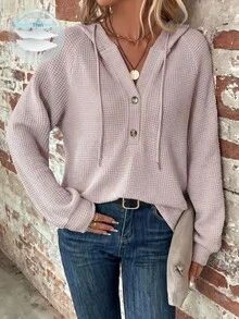 SHEIN LUNE Half Button Raglan Sleeve Drawstring Hoodie,Long Sleeve Tops Graduation,Back To School Outfits,Teacher Outfits For Women,In Autumn/ Travel Pink Casual - Light Grey - View 1