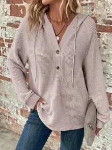 SHEIN LUNE Half Button Raglan Sleeve Drawstring Hoodie,Long Sleeve Tops Graduation,Back To School Outfits,Teacher Outfits For Women,In Autumn/ Travel Pink Casual - Light Grey - View 5