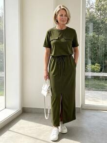 EMERY ROSE 中老年女性純色T恤與裙子套裝，秋季休閒常規款 - 軍綠色 - 查看 9