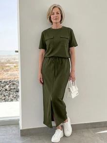 EMERY ROSE 中老年女性純色T恤與裙子套裝，秋季休閒常規款 - 軍綠色 - 查看 2