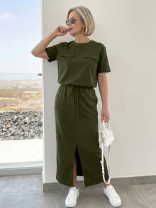 EMERY ROSE 中老年女性純色T恤與裙子套裝，秋季休閒常規款 - 軍綠色 - 查看 6