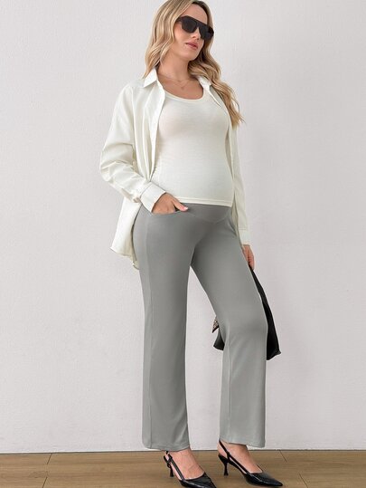 Modmama Pantalones largos de pierna recta con cintura alta ajustable, unicolor, versátiles, minimalistas, casuales para uso diario y desplazamientos, para maternidad