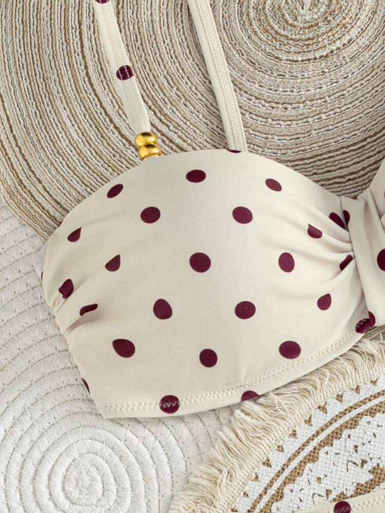 Swim Lushoire Sexy Elegant Polka Dot Vacation Style Bikini 2 Pieces Set - Beige - View 7