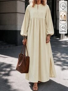 Louniche Women's Cream Stand‑Collar Balloon Long‑Sleeve Half‑Button Split Maxi Dress For Commute Street Home Tea & Ranch Trip, Fall‑Winter Vibe Outfit - Apricot - View 5