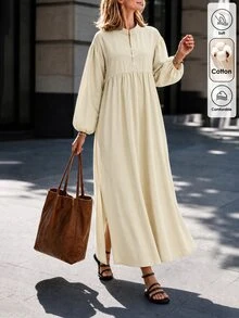 Louniche Women's Cream Stand‑Collar Balloon Long‑Sleeve Half‑Button Split Maxi Dress For Commute Street Home Tea & Ranch Trip, Fall‑Winter Vibe Outfit - Apricot - View 6