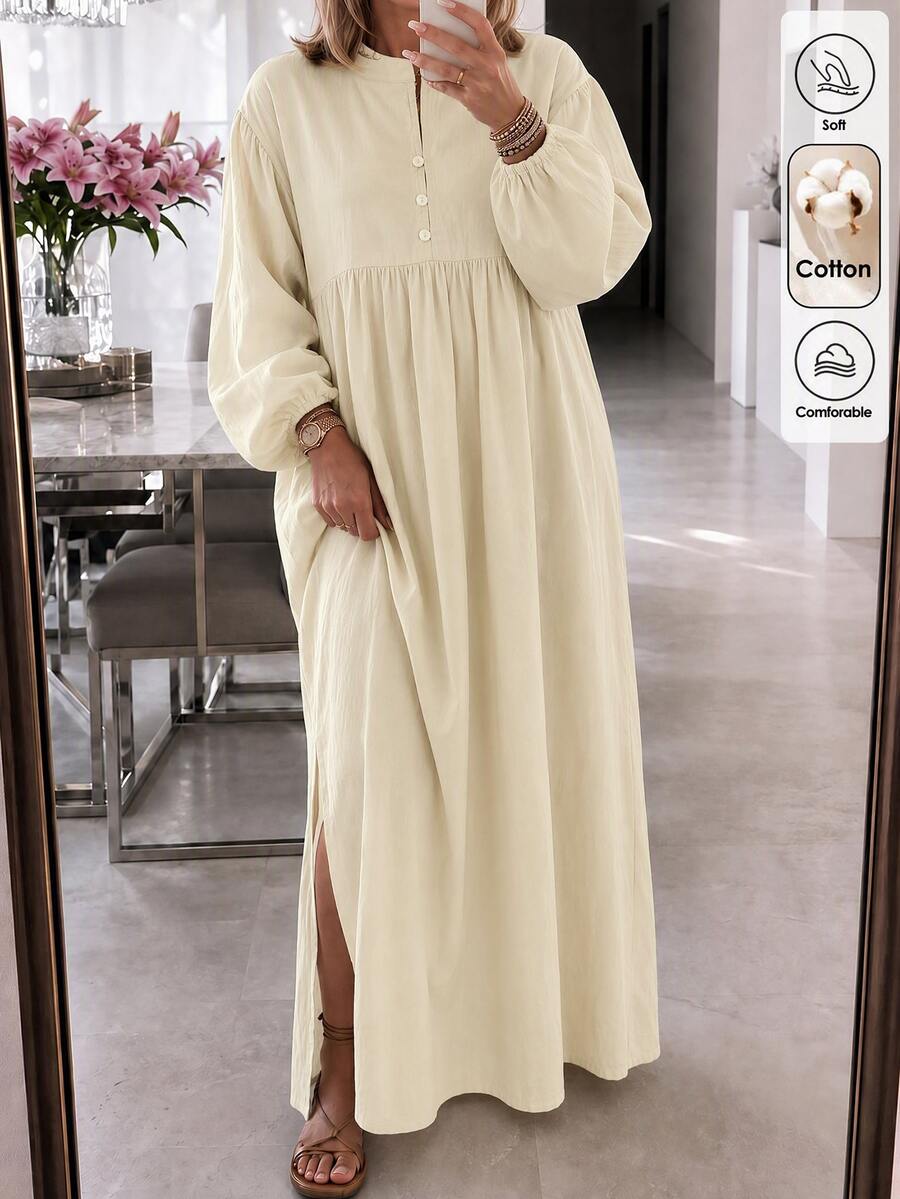 Louniche Women's Cream Stand‑Collar Balloon Long‑Sleeve Half‑Button Split Maxi Dress For Commute Street Home Tea & Ranch Trip, Fall‑Winter Vibe Outfit - Apricot - View 1