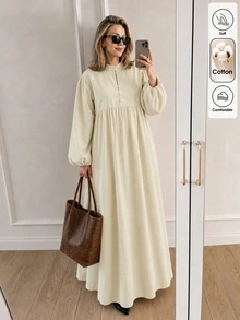 Louniche Women's Cream Stand‑Collar Balloon Long‑Sleeve Half‑Button Split Maxi Dress For Commute Street Home Tea & Ranch Trip, Fall‑Winter Vibe Outfit - Apricot - View 3