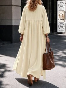 Louniche Women's Cream Stand‑Collar Balloon Long‑Sleeve Half‑Button Split Maxi Dress For Commute Street Home Tea & Ranch Trip, Fall‑Winter Vibe Outfit - Apricot - View 2