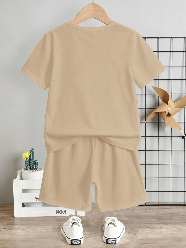 2pcs/Set Boys' Casual Short Sleeve T-Shirt And Shorts, Classic Cool King Text Graphic Print, Suitable For Summer - Khaki - View 3
