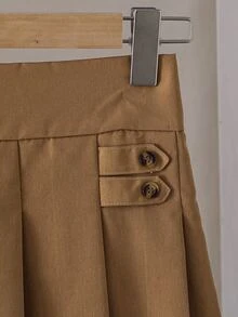 SHEIN Young Girls High Waist Pleated Mini Skirt, Fall Clothes, Fall, Button Decor Preppy Style A‑Line Skirt For Tween Girls Daily School Outfit - Brown - View 4