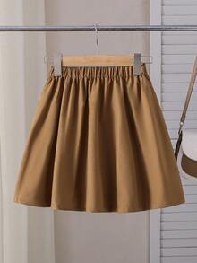SHEIN Young Girls High Waist Pleated Mini Skirt, Fall Clothes, Fall, Button Decor Preppy Style A‑Line Skirt For Tween Girls Daily School Outfit - Brown - View 2