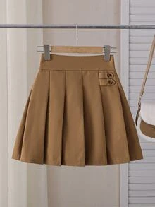 SHEIN Young Girls High Waist Pleated Mini Skirt, Fall Clothes, Fall, Button Decor Preppy Style A‑Line Skirt For Tween Girls Daily School Outfit - Brown - View 1