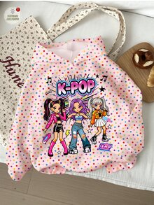 女童可愛卡通女團印花 K-Pop 超級巨星波點連帽衛衣，秋冬款 - 彩色 - 查看 3