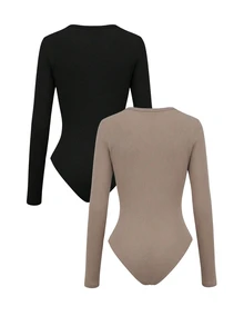 Selamara 2pcs Women Square Neck Long Sleeve Ribbed Casual T-Shirt And Bodysuit Set - Multicolor - View 2