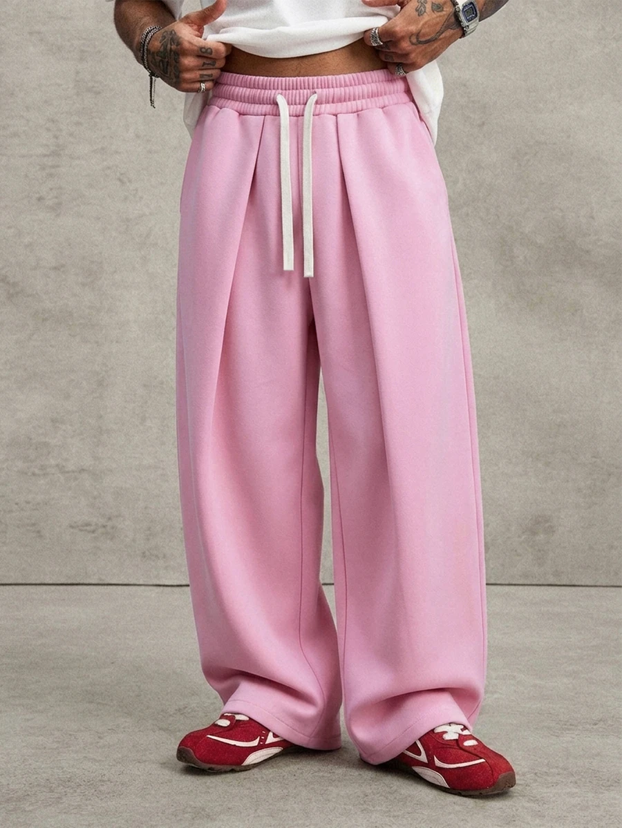 PAVTROS Men's Young Street Style, INS Multi-Functional Item: Loose Casual Pleated Pink Straight Leg Sweatpants - Pink - View 1