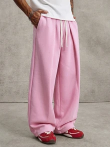 PAVTROS Men's Young Street Style, INS Multi-Functional Item: Loose Casual Pleated Pink Straight Leg Sweatpants - Pink - View 3