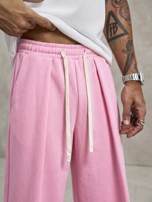 PAVTROS Men's Young Street Style, INS Multi-Functional Item: Loose Casual Pleated Pink Straight Leg Sweatpants - Pink - View 5