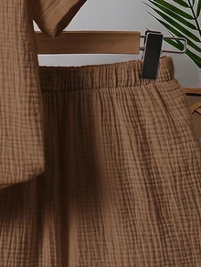 SHEIN Tween Boy Solid Color Round Neck Short Sleeve Button-Up Shirt And Elastic Waist Shorts 2-Piece Set, Suitable For Commuting, School, Daily Casual Outings, Sports, Spring And Summer - Brown - View 7
