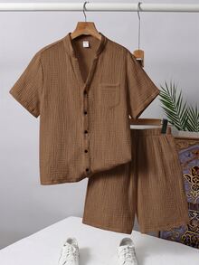 SHEIN Tween Boy Solid Color Round Neck Short Sleeve Button-Up Shirt And Elastic Waist Shorts 2-Piece Set, Suitable For Commuting, School, Daily Casual Outings, Sports, Spring And Summer - Brown - View 4