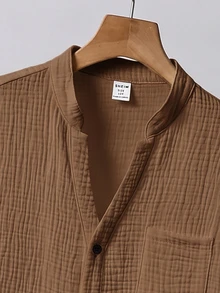 SHEIN Tween Boy Solid Color Round Neck Short Sleeve Button-Up Shirt And Elastic Waist Shorts 2-Piece Set, Suitable For Commuting, School, Daily Casual Outings, Sports, Spring And Summer - Brown - View 6