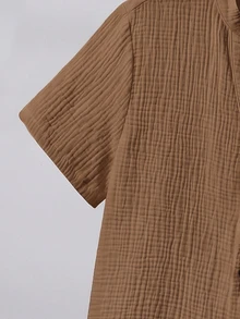 SHEIN Tween Boy Solid Color Round Neck Short Sleeve Button-Up Shirt And Elastic Waist Shorts 2-Piece Set, Suitable For Commuting, School, Daily Casual Outings, Sports, Spring And Summer - Brown - View 8