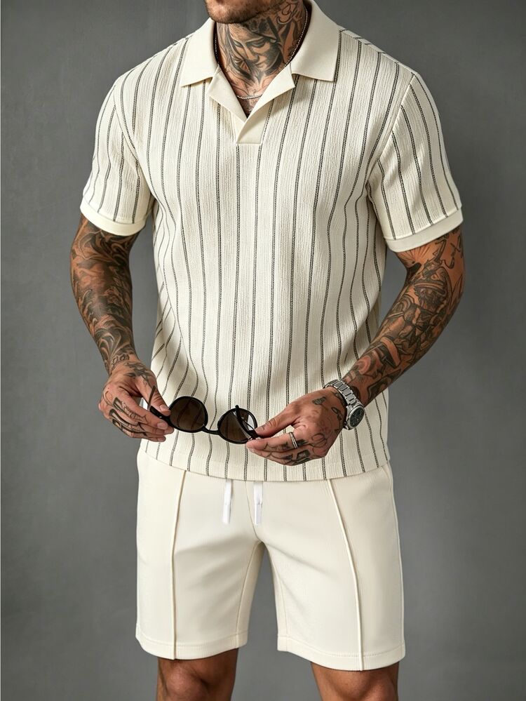 SLATEMANN Men's Striped Colorblock Short Sleeve Polo Shirt And Shorts Casual Daily Outfit - Apricot - View 3