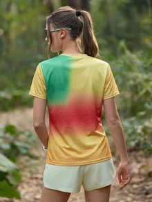SHEIN Unity Women's Gradient Color Round Neck Short Sleeve Outdoor T-Shirt - Yellow - View 7