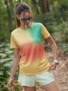 SHEIN Unity Women's Gradient Color Round Neck Short Sleeve Outdoor T-Shirt - Yellow - View 3