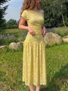 SHEIN MOD 女款復古純色鏤空刺繡蝴蝶結裙 - 黃色 - 查看 2