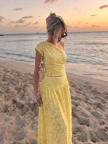 SHEIN MOD 女款復古純色鏤空刺繡蝴蝶結裙 - 黃色 - 查看 3