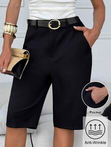 Chikora Plus Size Women Solid Color Pocket Casual Commute Shorts - Black - View 8