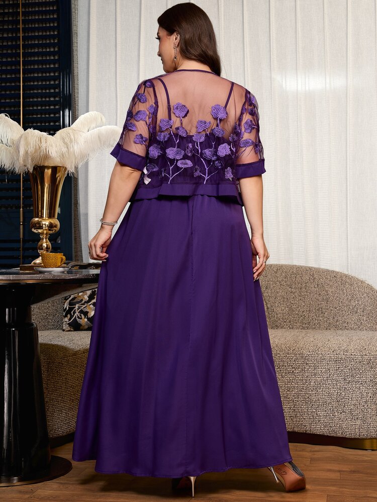 SHEIN Clasi Plus Size Women Solid Color Pleated Spaghetti Strap Dress And Cardigan Casual Elegant Daily 2-Piece Set Cocktail Formal Dark Purple Summer - Purple - View 8