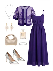 SHEIN Clasi 大尺碼女款純色百褶細肩帶洋裝與開襟衫休閒日常兩件套 - 紫色 - 查看 7