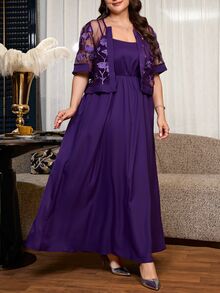 SHEIN Clasi 大尺碼女款純色百褶細肩帶洋裝與開襟衫休閒日常兩件套 - 紫色 - 查看 3