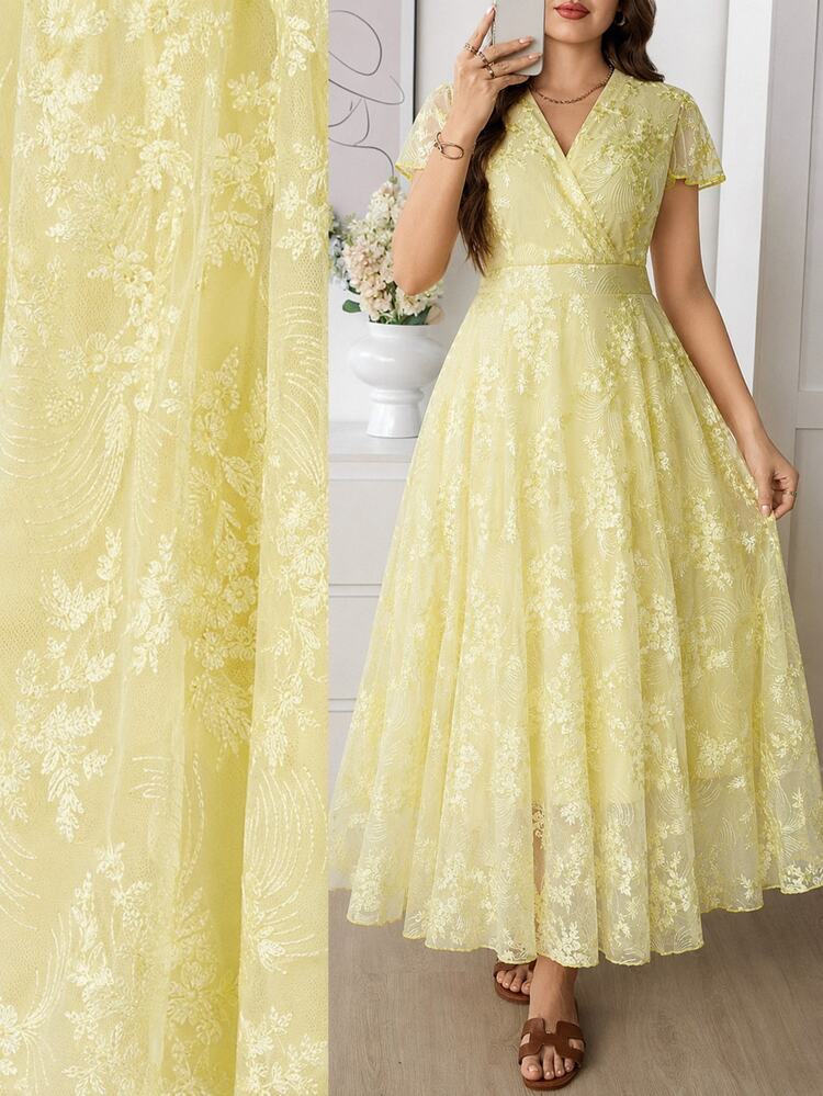 Reflora Plus Size Elegant Ninang Business Casual Embroidered Criss-Cross V-Neck Wedding Evening Formal Mother Of The Bride Dress Blue And Yellow Summer - Yellow - View 10