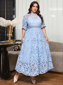 Reflora Plus Size Women's White Lace Midi Dress, Elegant Short Sleeve Summer Dress - Multicolor - View 4