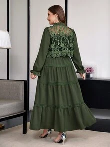 SHEIN Clasi 大尺碼度假風蕾絲拼接喇叭袖鈕扣洋裝 秋季 沙烏地阿拉伯國慶日 - 綠色 - 查看 8