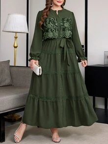 SHEIN Clasi 大尺碼度假風蕾絲拼接喇叭袖鈕扣洋裝 秋季 沙烏地阿拉伯國慶日 - 綠色 - 查看 5