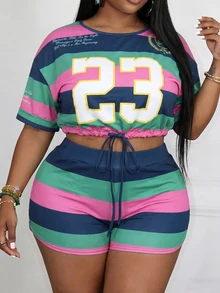 Slaydiva Slayr Plus Casual Solid Color Drawstring Split Hem Women Plus Size 2 Pieces Outfits Set, Summer Back-To-School Cycling Office Light Blue Emerald Green - Multicolor - View 3