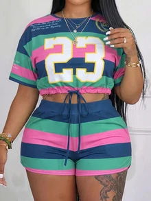 Slaydiva Slayr Plus Casual Solid Color Drawstring Split Hem Women Plus Size 2 Pieces Outfits Set, Summer Back-To-School Cycling Office Light Blue Emerald Green - Multicolor - View 9