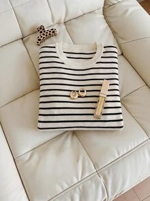 Muvela Top de punto casual elegante francés para mujer, cuello redondo, a rayas negras y blancas con patchwork de encaje, para uso diario, oficina, té, fiesta, brunch y negocios en verano - Multicolor - Ver 10