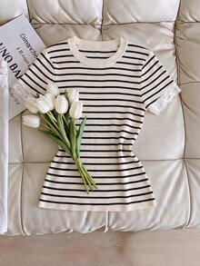 Muvela Top de punto casual elegante francés para mujer, cuello redondo, a rayas negras y blancas con patchwork de encaje, para uso diario, oficina, té, fiesta, brunch y negocios en verano - Multicolor - Ver 14