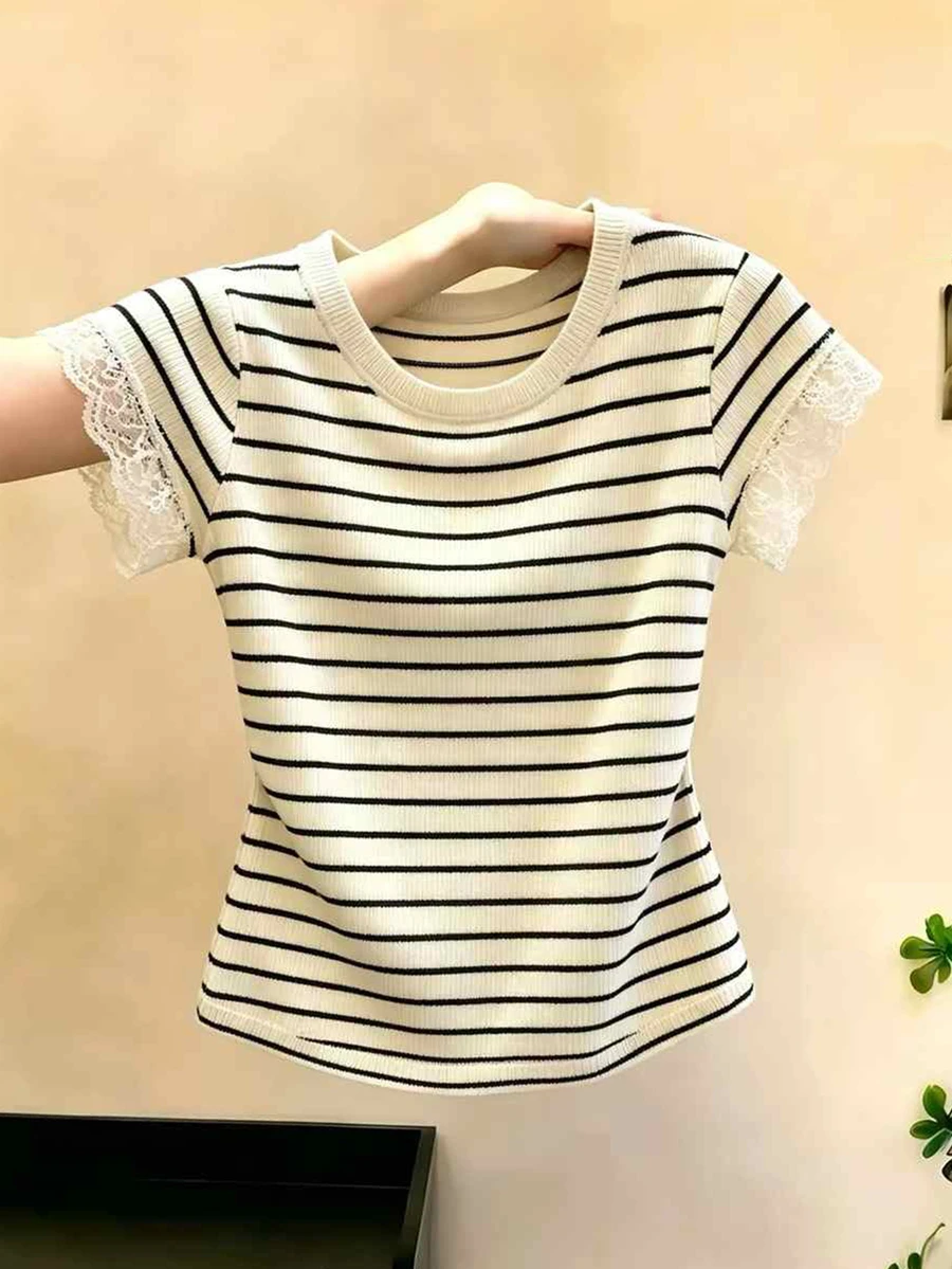 Muvela Top de punto casual elegante francés para mujer, cuello redondo, a rayas negras y blancas con patchwork de encaje, para uso diario, oficina, té, fiesta, brunch y negocios en verano - Multicolor - Ver 1