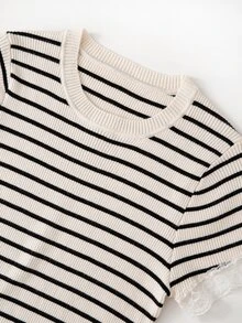 Muvela Top de punto casual elegante francés para mujer, cuello redondo, a rayas negras y blancas con patchwork de encaje, para uso diario, oficina, té, fiesta, brunch y negocios en verano - Multicolor - Ver 13