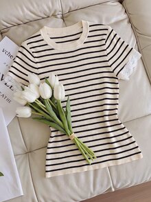 Muvela Top de punto casual elegante francés para mujer, cuello redondo, a rayas negras y blancas con patchwork de encaje, para uso diario, oficina, té, fiesta, brunch y negocios en verano - Multicolor - Ver 12