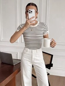 Muvela Top de punto casual elegante francés para mujer, cuello redondo, a rayas negras y blancas con patchwork de encaje, para uso diario, oficina, té, fiesta, brunch y negocios en verano - Multicolor - Ver 8