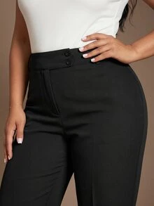 SHEIN PETITE CURVE 大尺碼女款純色高腰鈕扣設計休閒寬腿長褲 秋季 - 黑色 - 查看 8