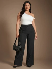 SHEIN PETITE CURVE 大尺碼女款純色高腰鈕扣設計休閒寬腿長褲 秋季 - 黑色 - 查看 7